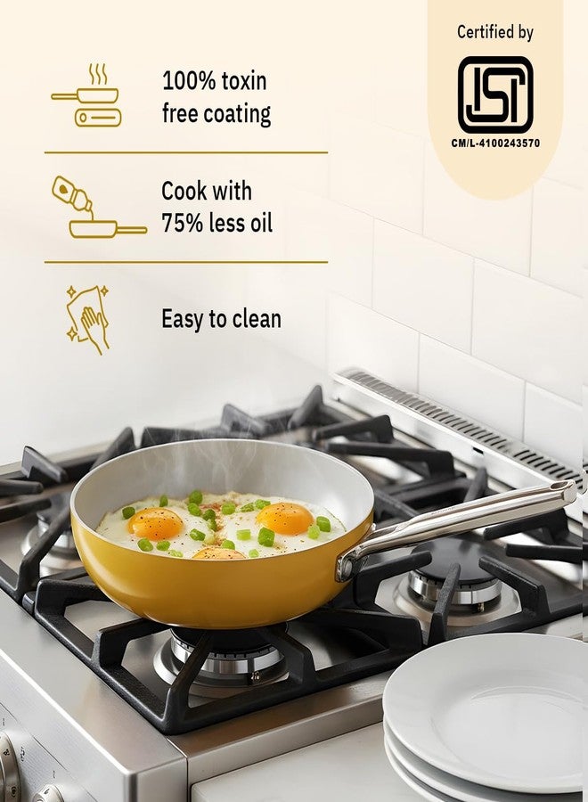 Ember Cookware مقلاة سيراميك أرسيللا من إمبر كوكوير، 24 سم | أواني طهي غير لاصقة | مقلاة غير سامة | معتمدة من معهد المواصفات الهندية | مقلاة سيراميك للطهي | ملعقة مسطحة واحدة | مقبض فولاذي | خالية من مركبات PFAS وPTFE | ضمان 5 سنوات | بيناريس جولد - Image 2